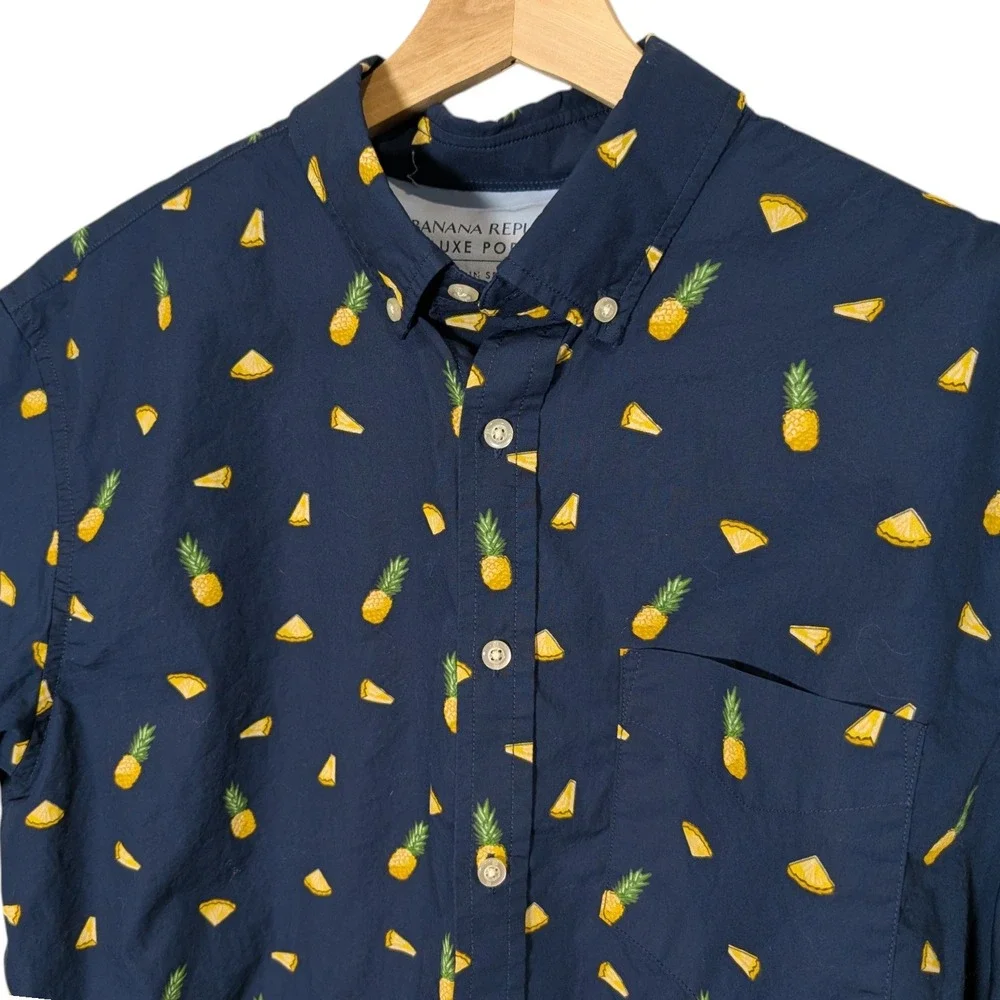 Banana‎ Republic Mens Luxe Poplin Slim Fit Pineapple Print Shirt Navy Blue L